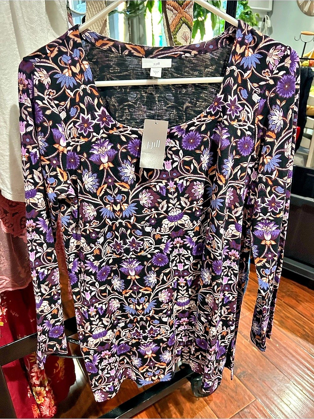 J.Jill Floral Long Sleeve Top in Black & Purple Size Small NWT